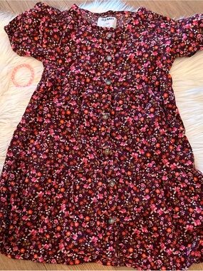Old Navy Burgundy Floral Button-Front Girls' Dress with Pink Accents